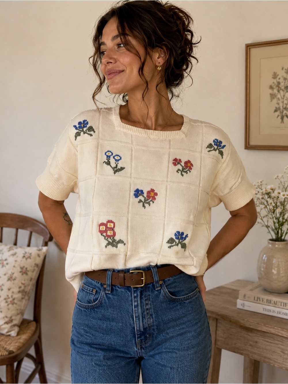 Vintage St. Michael Floral Cotton Knit Sweater – Size 14 / EU 42